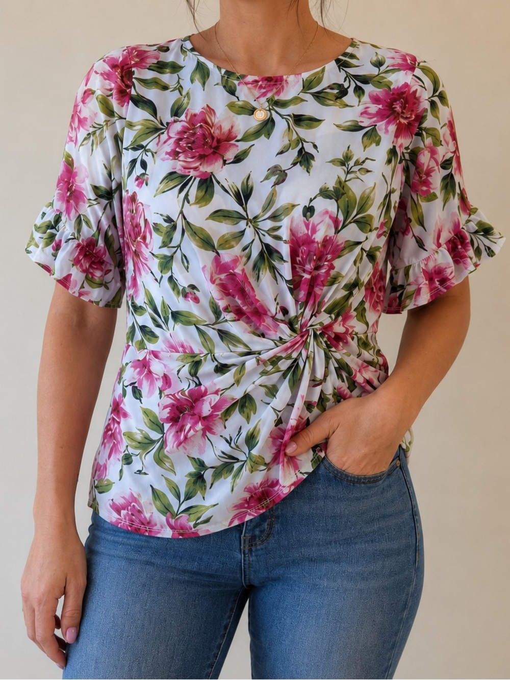 Perseption Concept Women Floral Twist Front Blouse Medium Pink Green Cottagecore